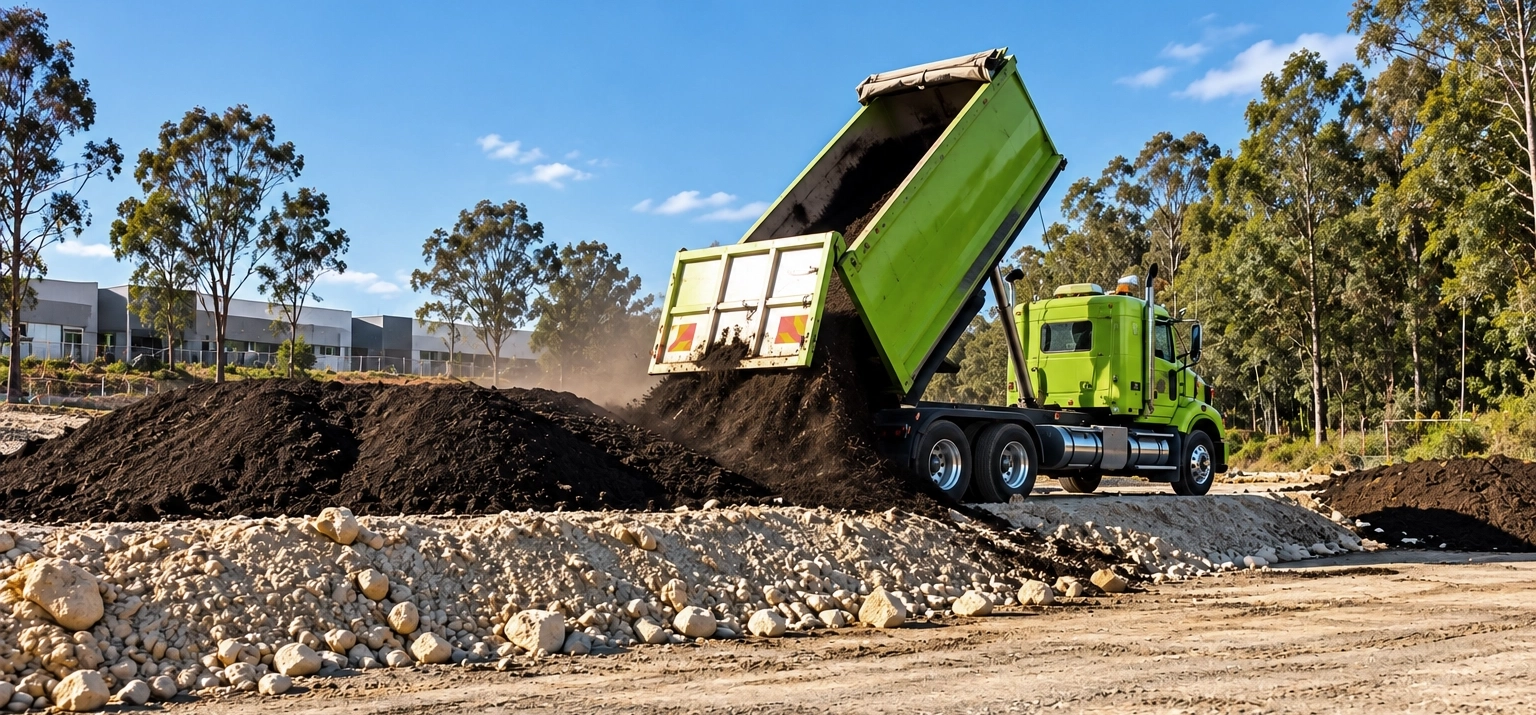 A tipper truck discharging recovered material at a SoilX recovery site
