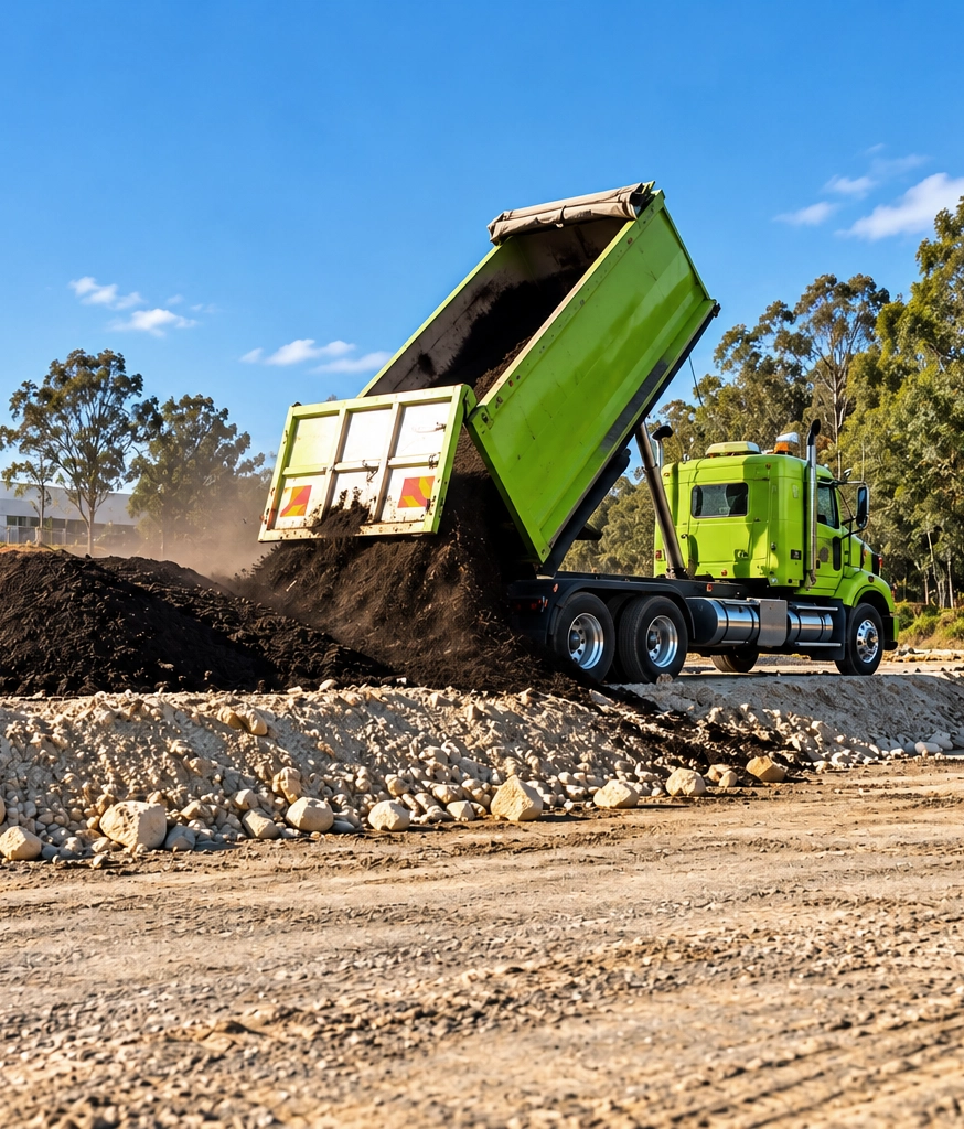 A green tipper truck discharging general solid waste at a recovery site