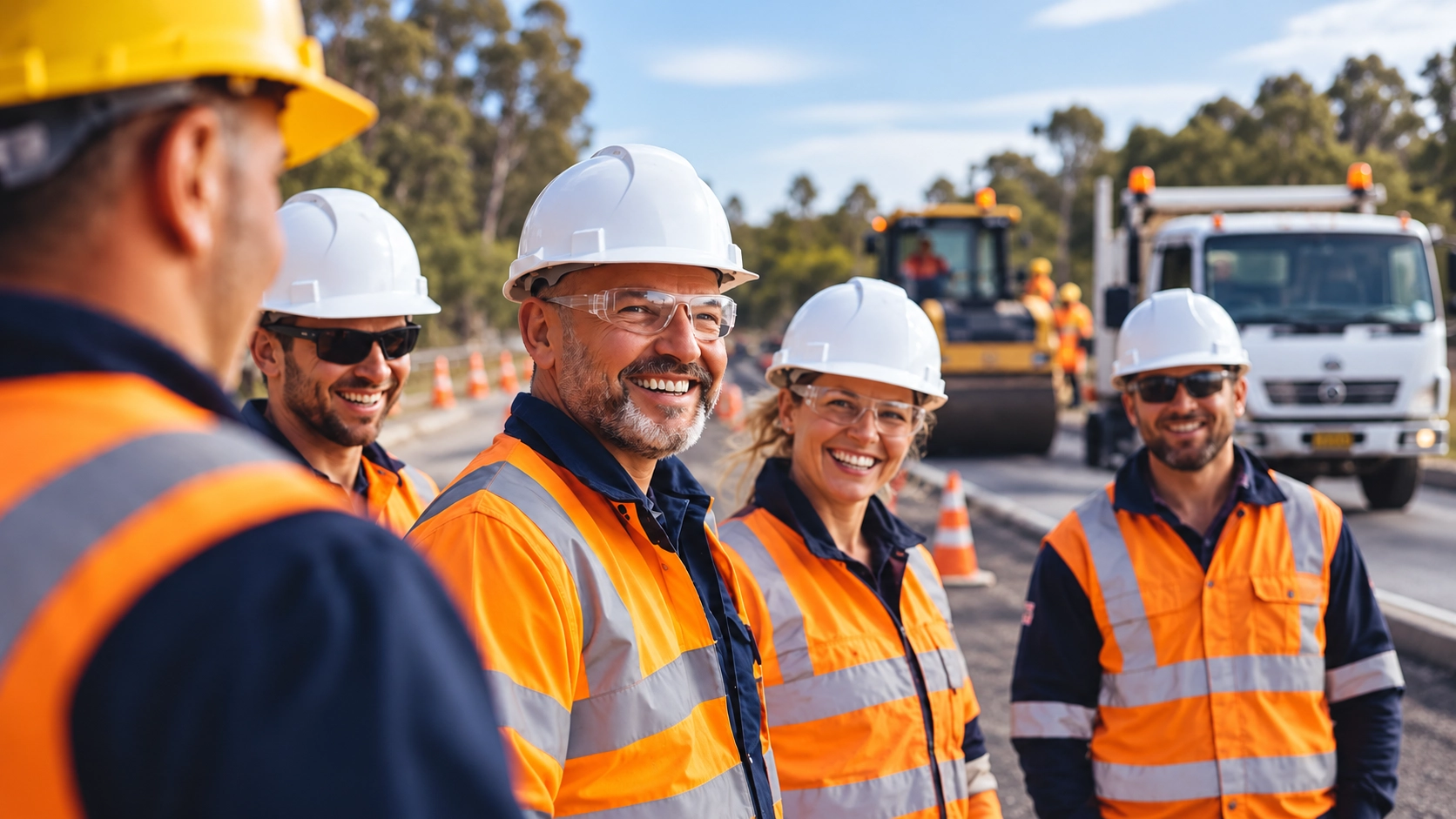 SoilX site team in hi-vis and hard hats on a road works site, a roller and truck behind