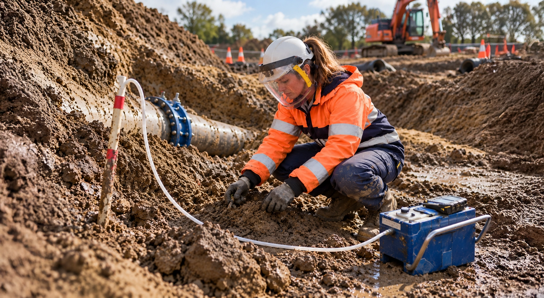 A SoilX technician taking a compliance sample beside an exposed pipe in an open excavation